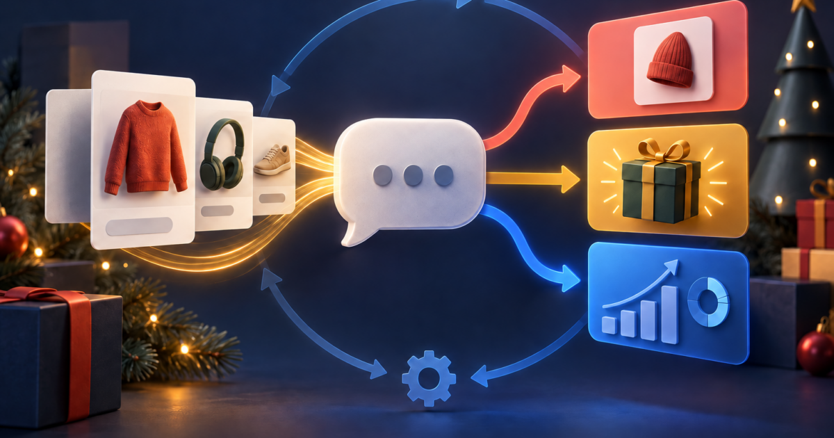 Product catalog cards flowing through a chat placement into holiday commerce optimization and measurement paths