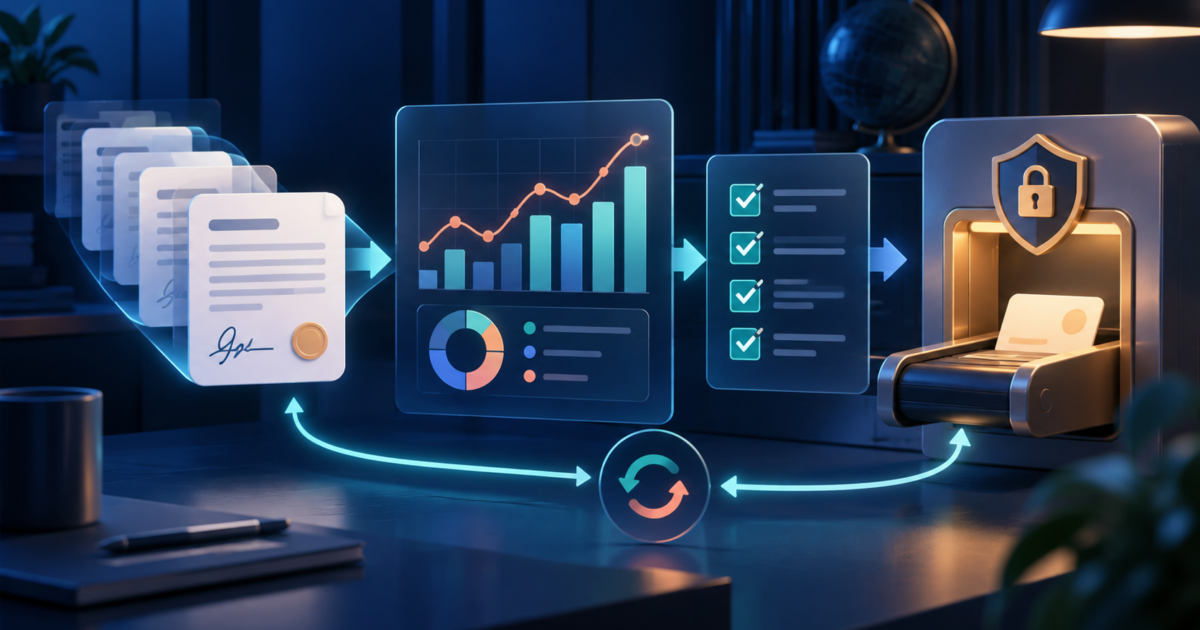 Contract records flowing into revenue reporting and a guarded payments workflow with reconciliation checks
