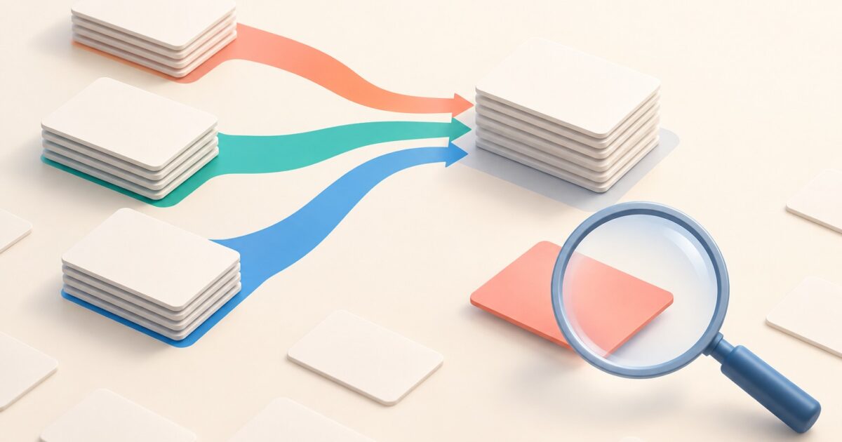 A magnifying glass examines a separate blank page beside colored paths leading to a selected stack of pages.