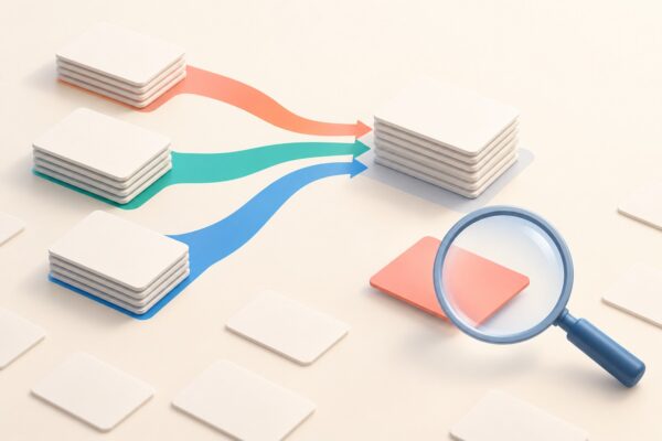 A magnifying glass examines a separate blank page beside colored paths leading to a selected stack of pages.