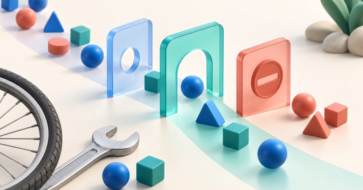 Colored tokens pass through translucent blue and teal gates or stop at a coral barrier beside a bicycle wheel and repair wrench.