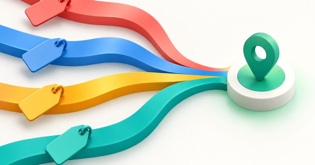 Four color-coded tagged paths converge on a shared destination, illustrating campaign URL tracking.