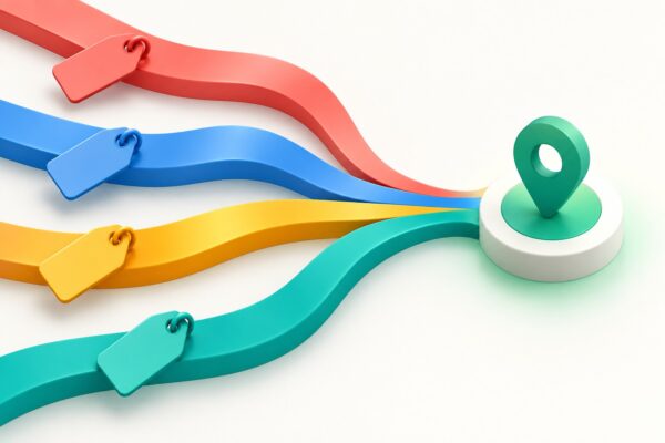 Four color-coded tagged paths converge on a shared destination, illustrating campaign URL tracking.