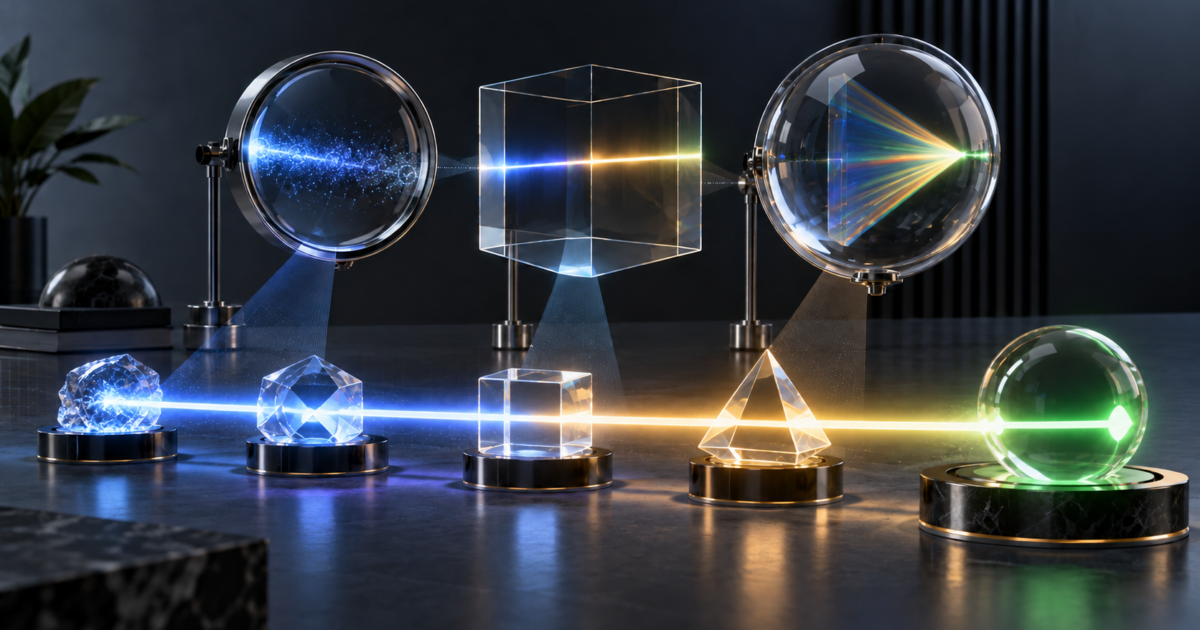 Abstract measurement system tracing one signal through data-quality checkpoints and three analytical lenses
