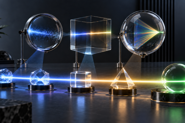 Abstract measurement system tracing one signal through data-quality checkpoints and three analytical lenses