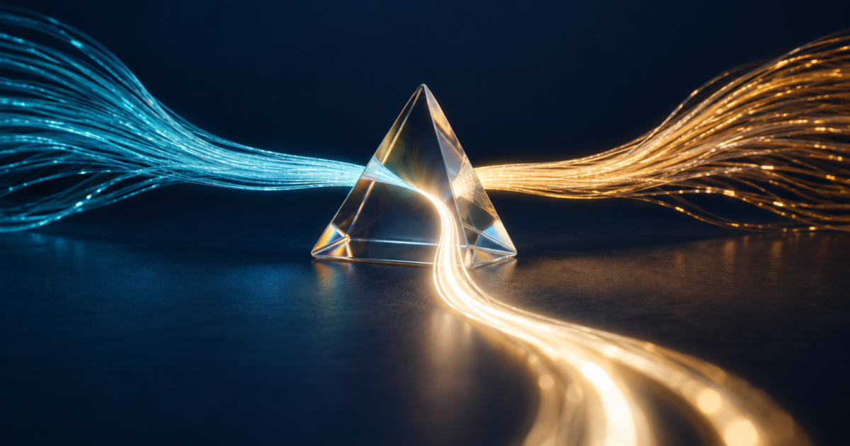 Abstract cyan and amber data streams converging through a glass prism
