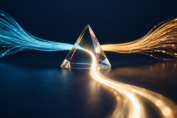 Abstract cyan and amber data streams converging through a glass prism