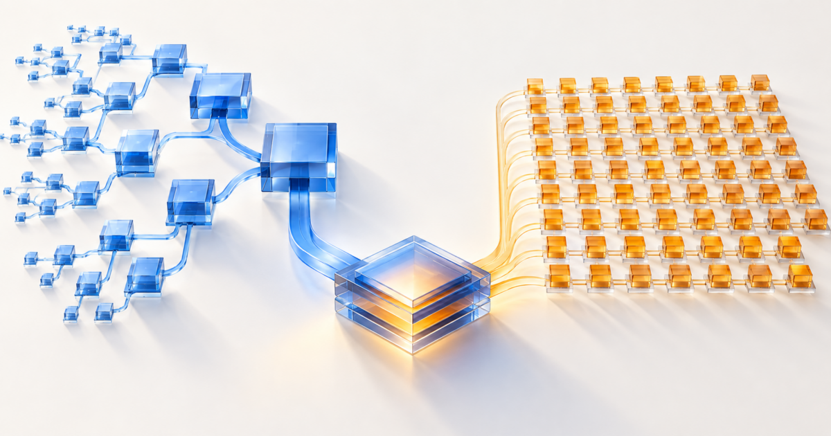 Abstract blue branching computation and amber parallel tasks linked to one shared foundation