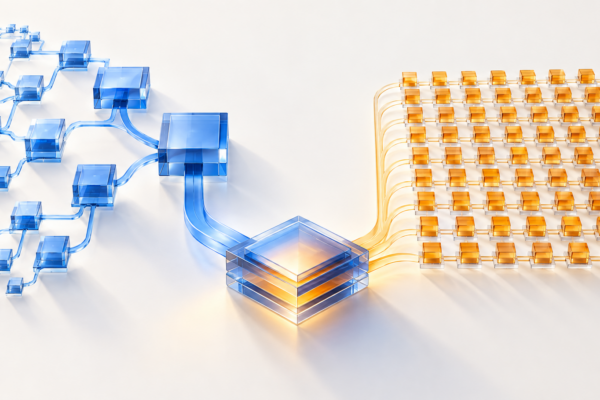 Abstract blue branching computation and amber parallel tasks linked to one shared foundation
