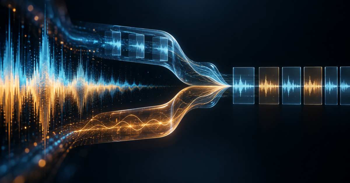 Abstract audio waveform splitting into batch and streaming paths before converging into structured segments
