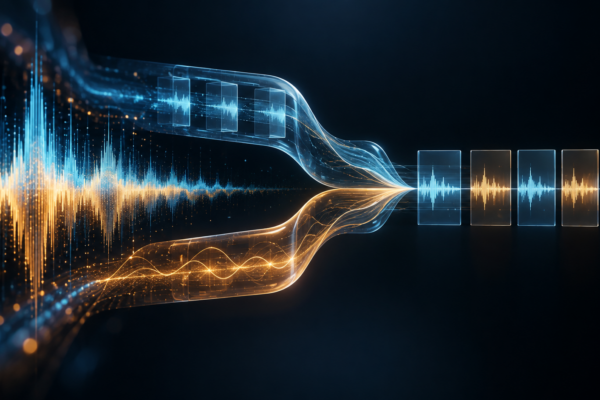Abstract audio waveform splitting into batch and streaming paths before converging into structured segments