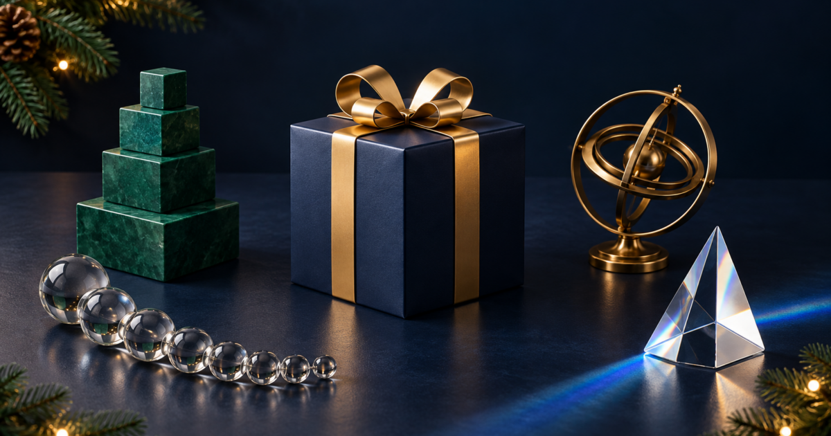 Four abstract foundations surrounding a holiday gift for feed, measurement, campaign and AI readiness