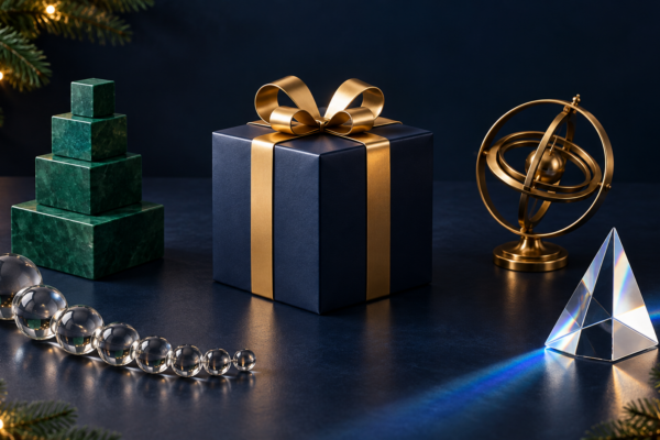 Four abstract foundations surrounding a holiday gift for feed, measurement, campaign and AI readiness