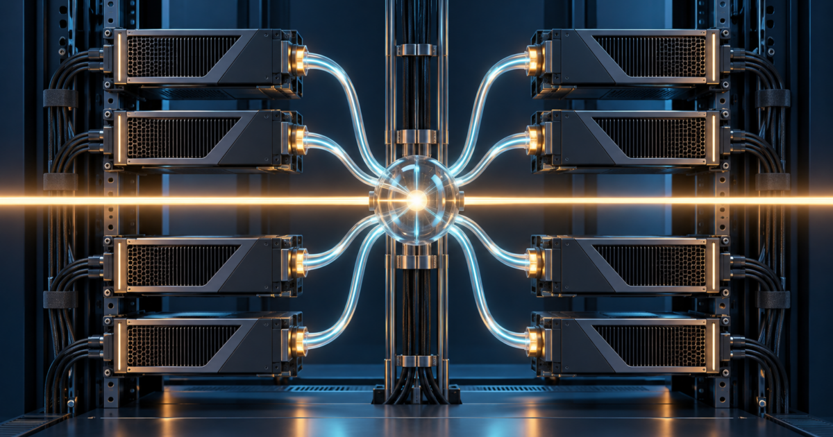 Conceptual illustration of one model request distributed across eight unbranded compute modules