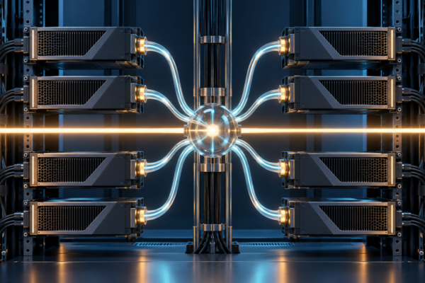 Conceptual illustration of one model request distributed across eight unbranded compute modules