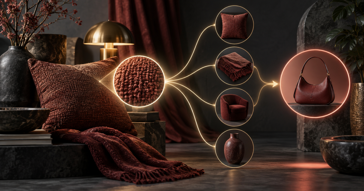 Abstract product discovery scene linking a selected texture to visually similar items and a commercial product