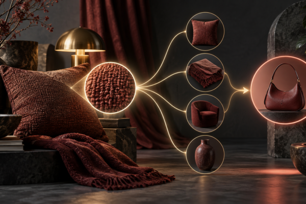 Abstract product discovery scene linking a selected texture to visually similar items and a commercial product