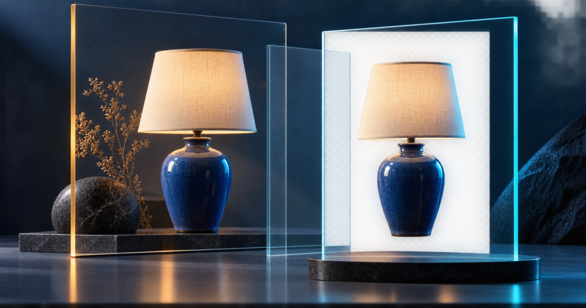 Blue ceramic lamp shown in a photograph and as a transparent cutout between glass layers