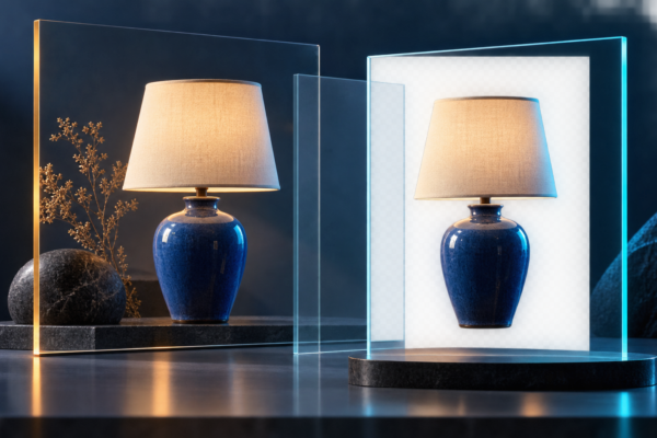 Blue ceramic lamp shown in a photograph and as a transparent cutout between glass layers