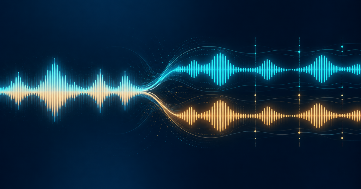 Turquoise and amber speech waveforms split into two aligned streams on a dark background