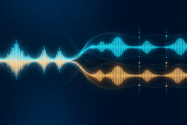 Turquoise and amber speech waveforms split into two aligned streams on a dark background