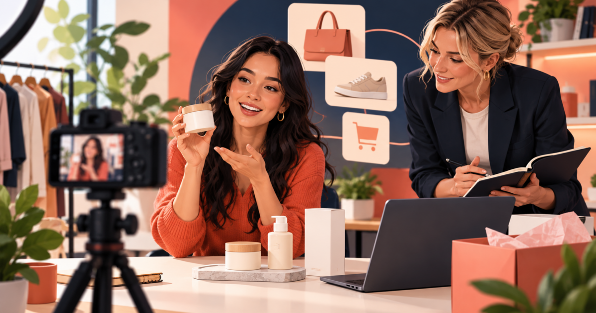 Illustration of a creator filming a product demonstration while a brand strategist plans a partnership