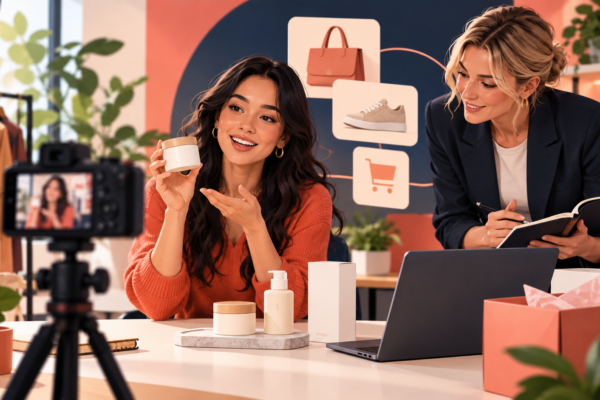 Illustration of a creator filming a product demonstration while a brand strategist plans a partnership
