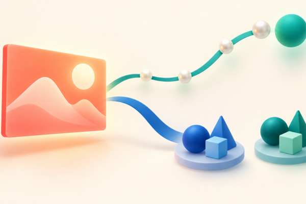 Abstract coral image panel beside teal event dots and two balanced comparison groups