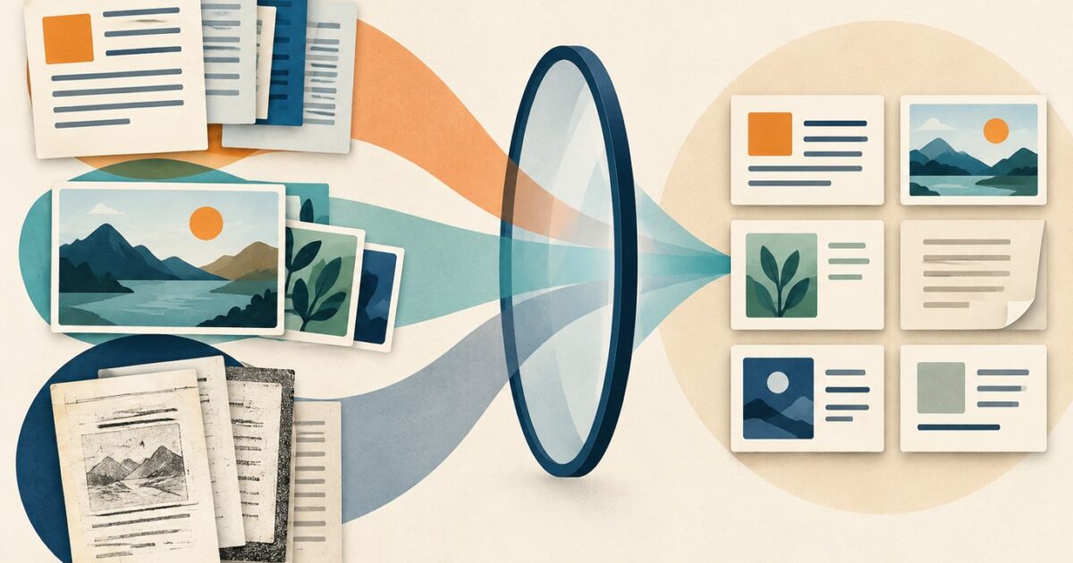 Abstract documents, images and scanned pages pass through a lens into a searchable collection.