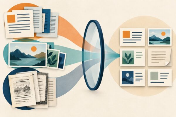 Abstract documents, images and scanned pages pass through a lens into a searchable collection.