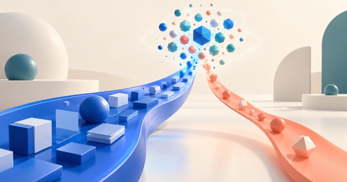Two cobalt and coral pathways meet in one shared space of geometric vectors, illustrating Pro indexing and Fast query retrieval.