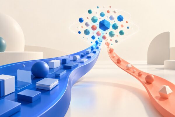 Two cobalt and coral pathways meet in one shared space of geometric vectors, illustrating Pro indexing and Fast query retrieval.