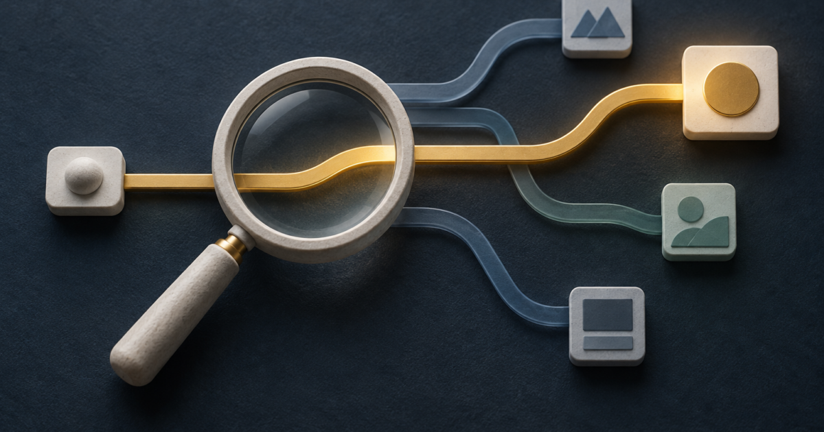 Abstract magnifying glass highlighting one gold search route among blue and teal paths to destination tiles.