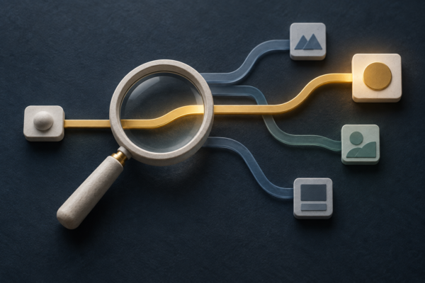 Abstract magnifying glass highlighting one gold search route among blue and teal paths to destination tiles.