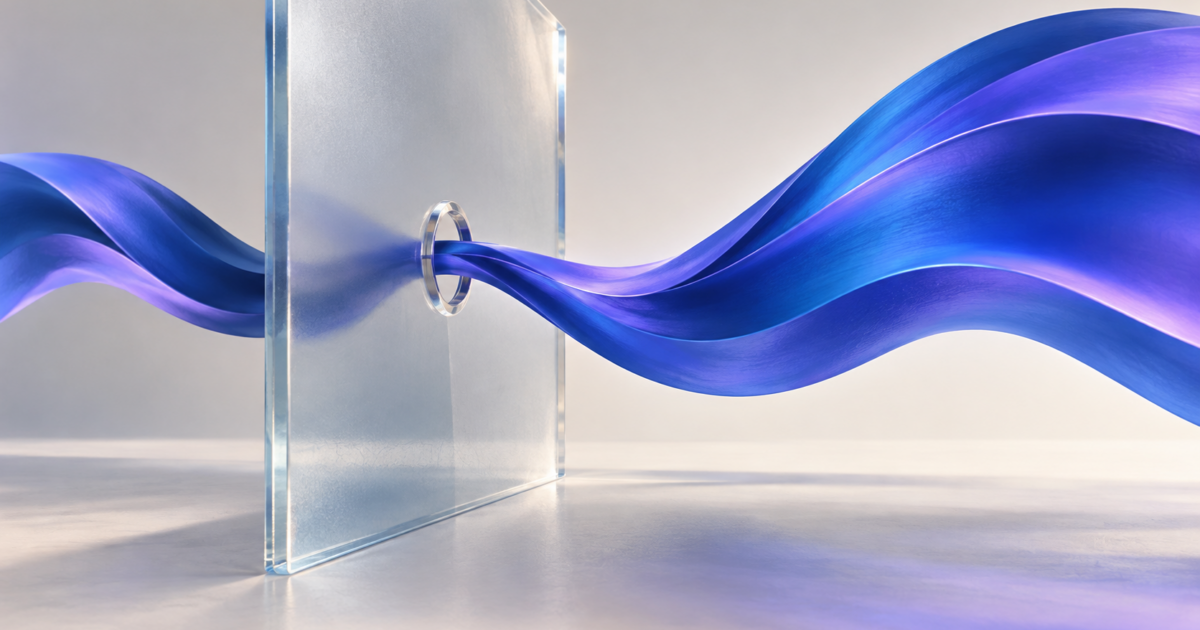Abstract blue and violet ribbon passing through a narrow opening in a translucent glass barrier.