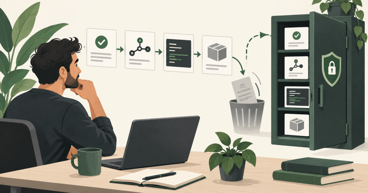 Illustration of a developer reviewing CI evidence cards and preserving them in a secure archive.