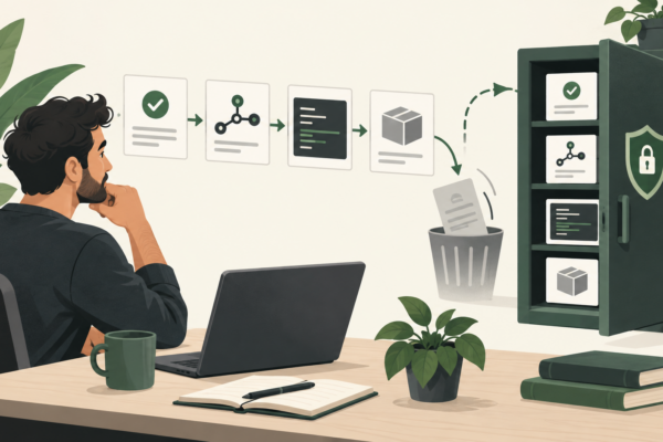 Illustration of a developer reviewing CI evidence cards and preserving them in a secure archive.