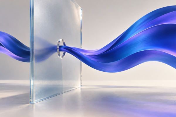 Abstract blue and violet ribbon passing through a narrow opening in a translucent glass barrier.
