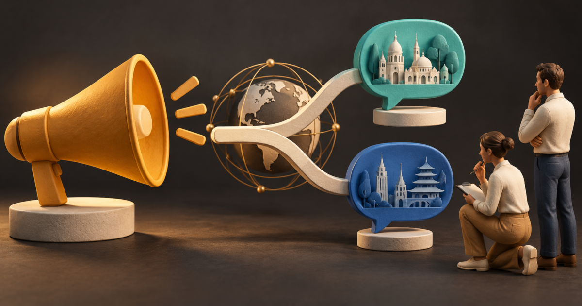 Amber megaphone branching into two globe-connected speech bubbles, with people reviewing the localized messages