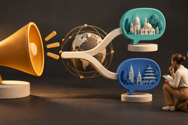 Amber megaphone branching into two globe-connected speech bubbles, with people reviewing the localized messages