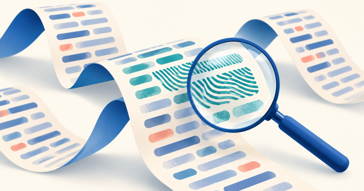 Magnifying lens revealing an abstract teal pattern among colored bars on paper ribbons