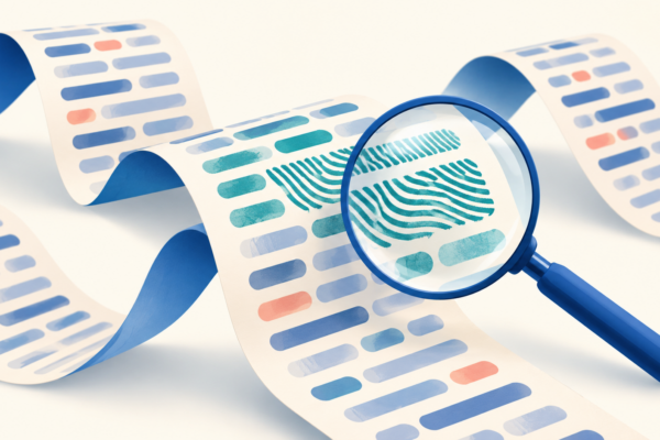 Magnifying lens revealing an abstract teal pattern among colored bars on paper ribbons