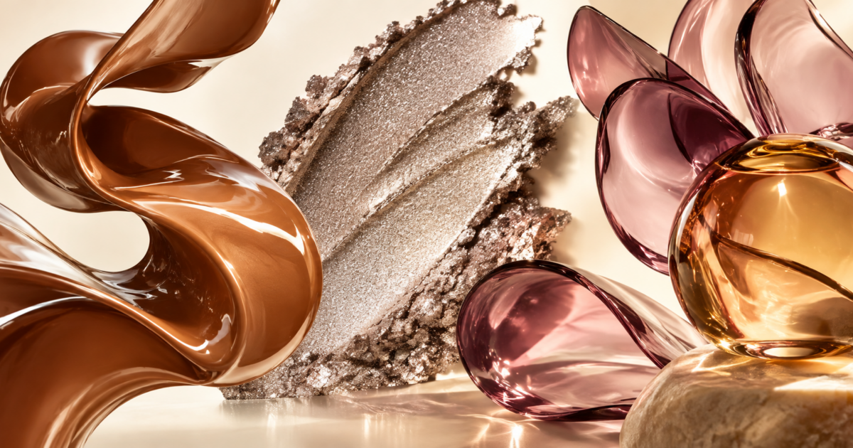 Abstract caramel lacquer ribbon, silver shimmer and plum glass shapes on a warm ivory background.