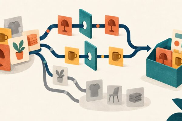 Abstract commerce product cards pass through selective gates into a receiver for focused change deliveries.