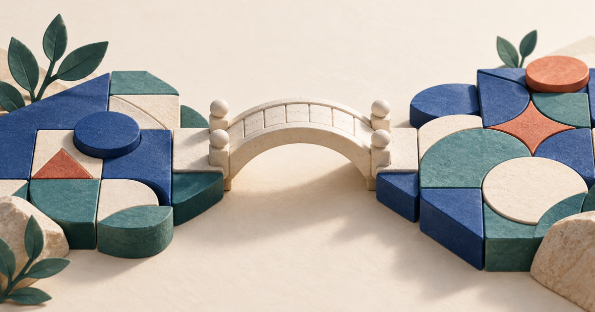 Small ivory arch bridge joining cobalt, teal and terracotta geometric tiles
